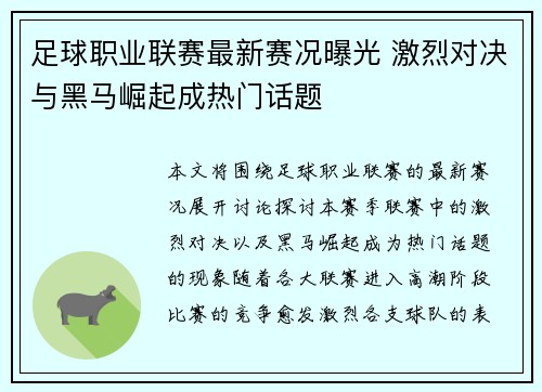 足球职业联赛最新赛况曝光 激烈对决与黑马崛起成热门话题