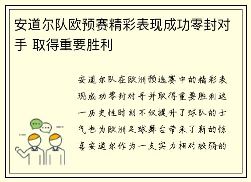 安道尔队欧预赛精彩表现成功零封对手 取得重要胜利
