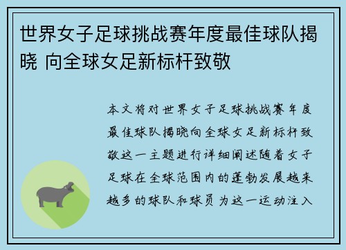 世界女子足球挑战赛年度最佳球队揭晓 向全球女足新标杆致敬