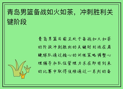青岛男篮备战如火如荼，冲刺胜利关键阶段