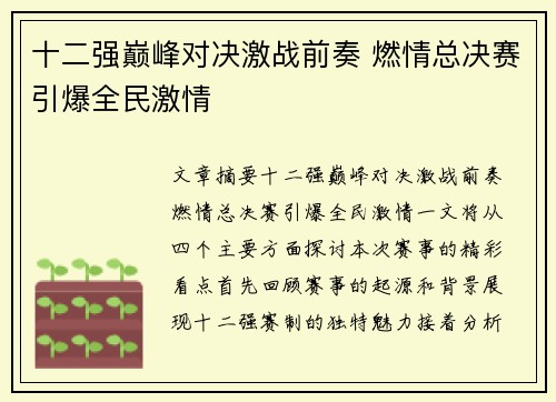 十二强巅峰对决激战前奏 燃情总决赛引爆全民激情